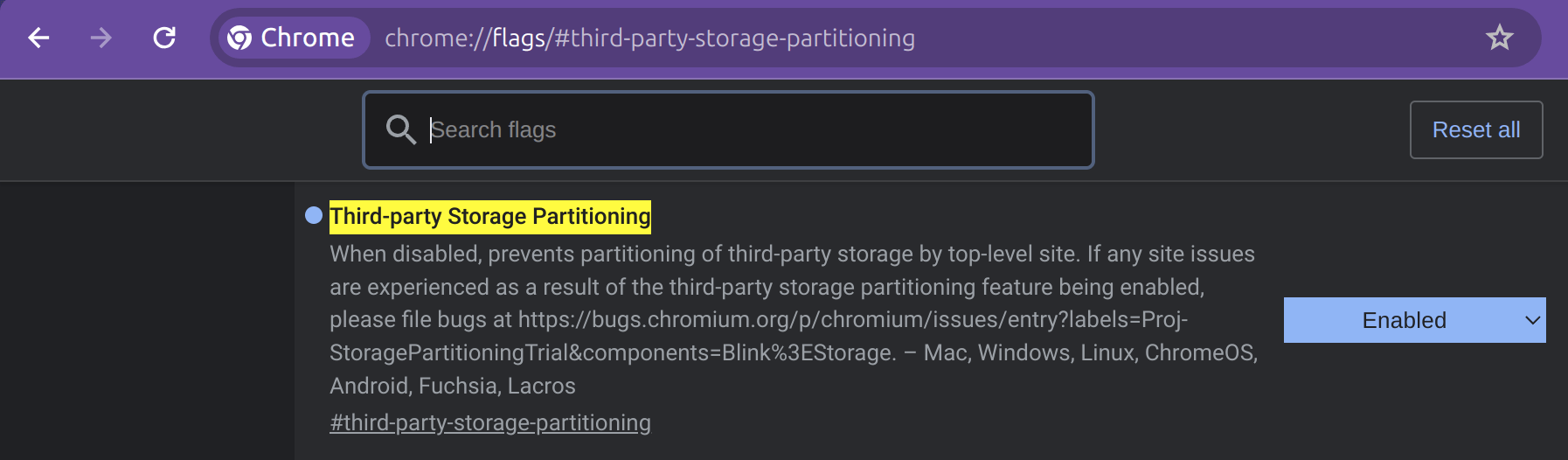 Chrome flags showing the third-party Storage Partitioning option enabled.