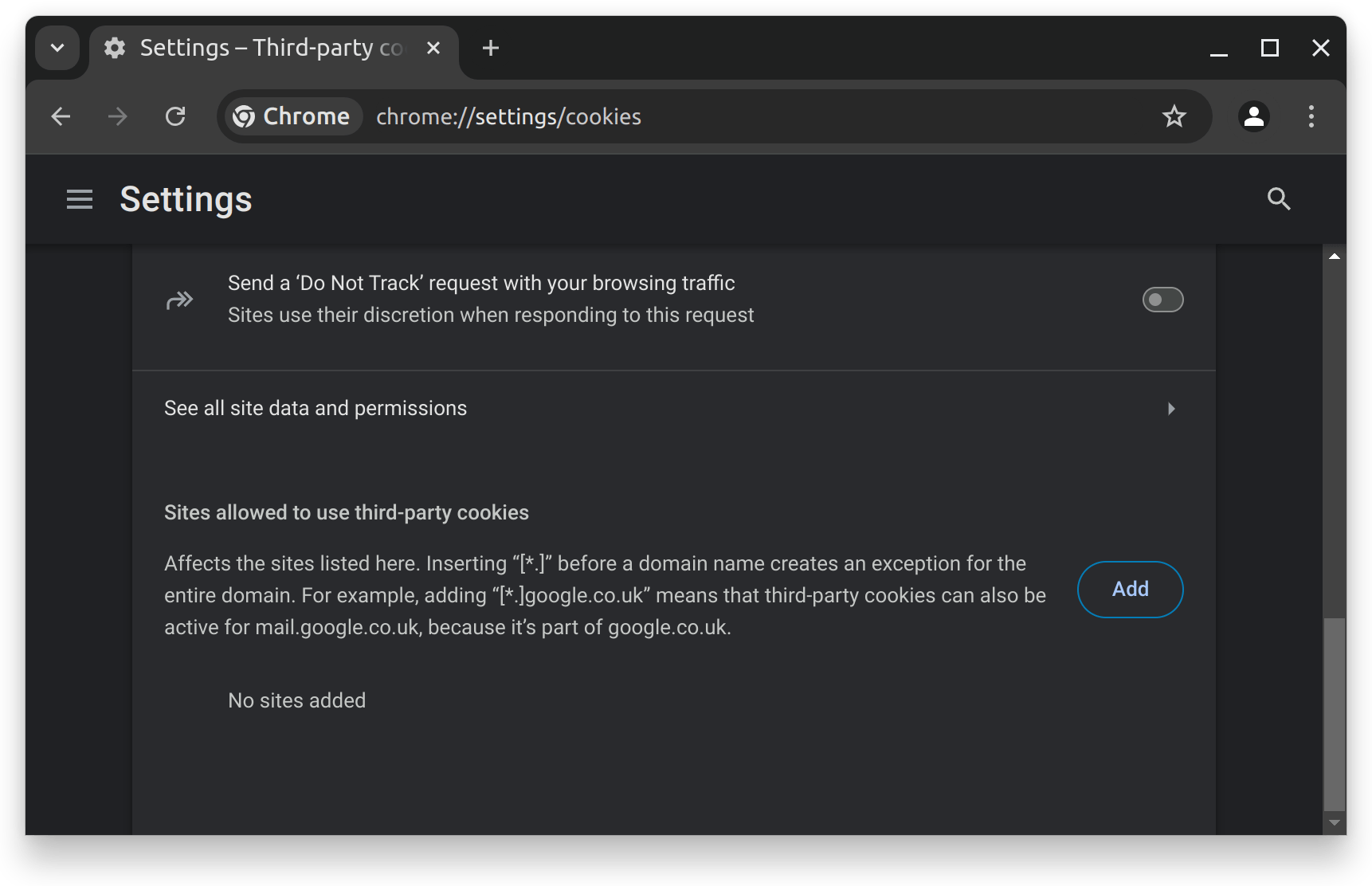 Chrome cookie settings with an empty list of “Sites that can always use cookies”.