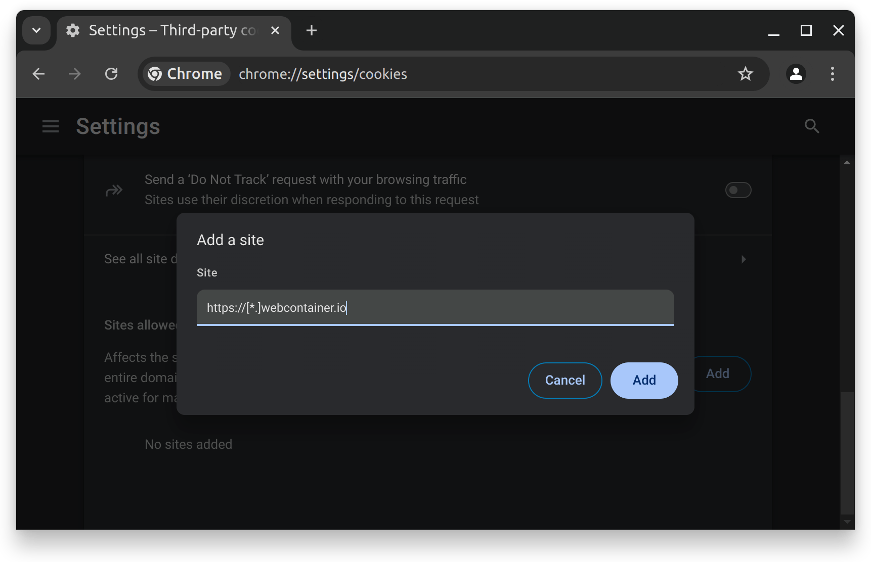 Chrome cookie settings showing a modal dialog for adding a site to list of third-party cookie exceptions.