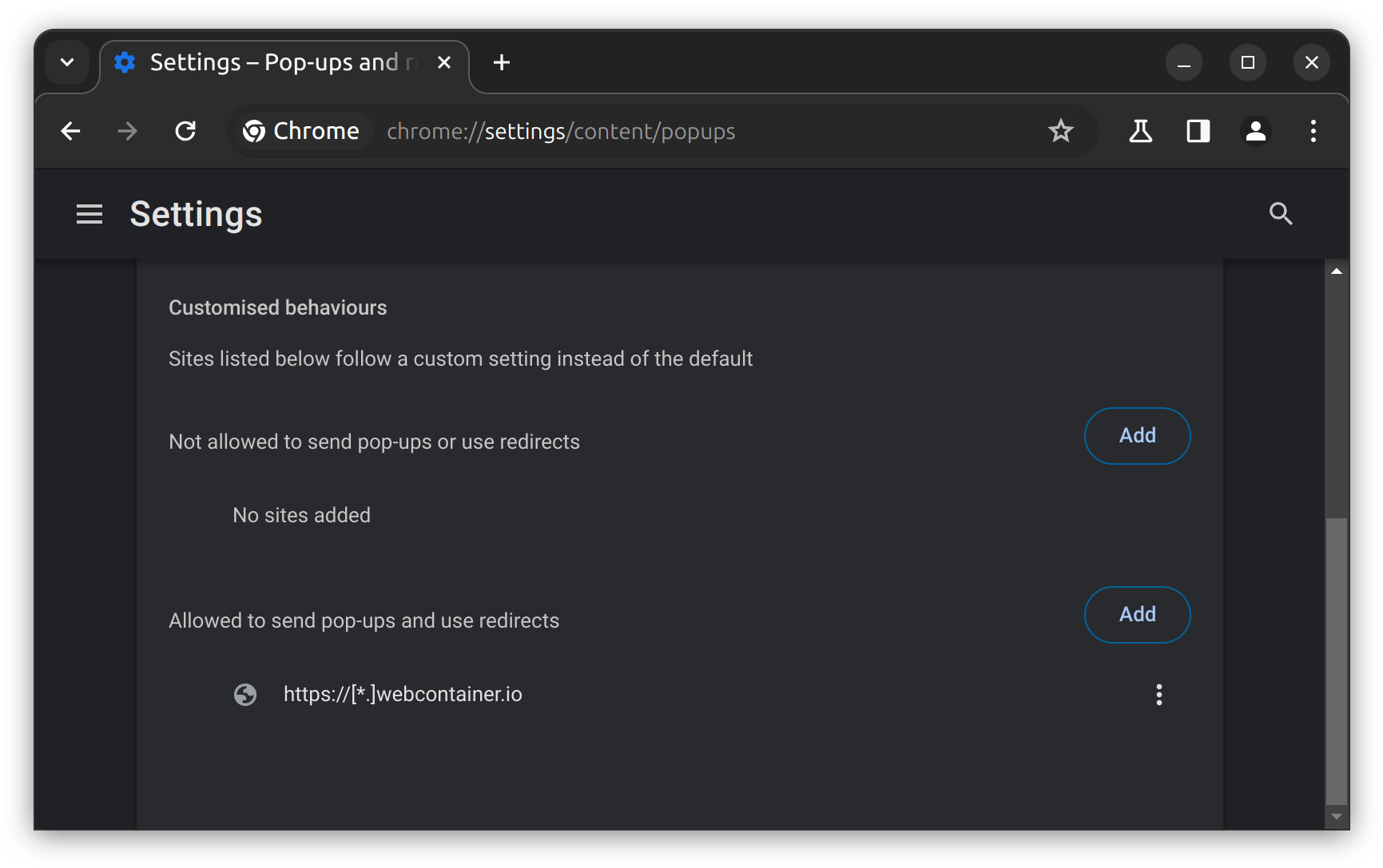 Chrome popups settings showing the *.webcontainer.io origins as exceptions