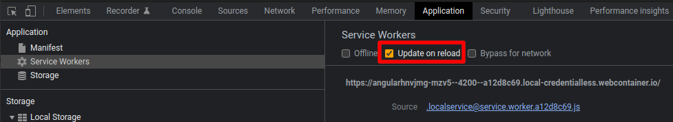 Chrome DevTools with the Application tab selected showing the Service Workers section with the Update on reload checkbox checked