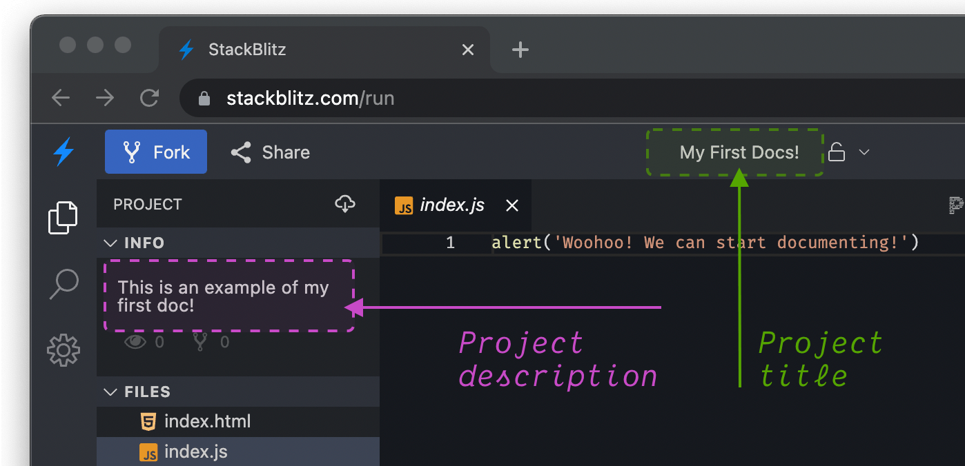 Example of Title and Description displayed in StackBlitz editor