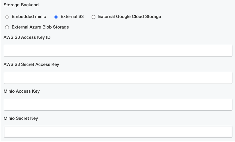 AWS External S3 storage backend option in kots dashboard with corresponding input fields for IDs and keys.