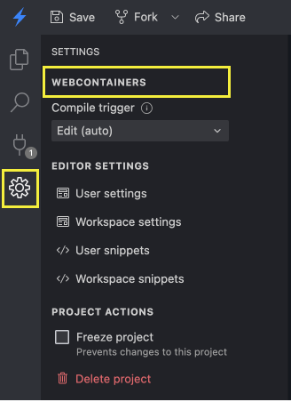 Screenshot of the project settings for a WebContainer project